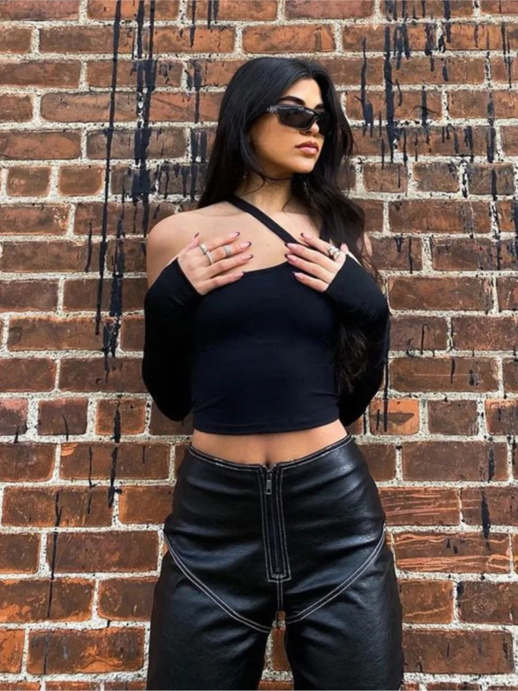 

Сексуальный черный укороченный топ Y2k, модная повседневная облегающая футболка со съемным рукавом и лямкой на шее, женская летняя уличная о...