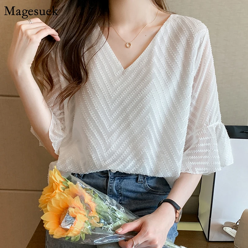 

V-Neck Women Tops White Chiffon Shirt Short Sleeve Blouse Women Blouse Office Lady Tops Blusas Mujer De Moda 2022 Verano 21851