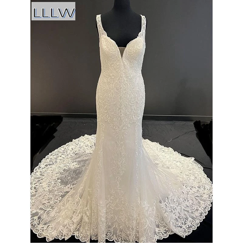 

Кружевные платья-русалки цвета слоновой кости со шлейфом, свадебные платья до пола без рукавов по индивидуальному заказу