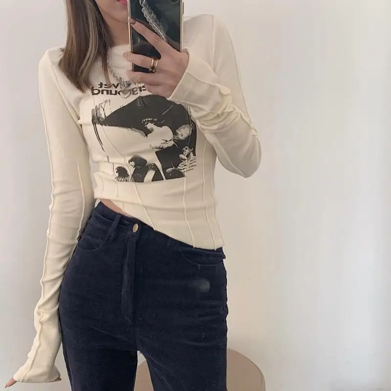 

Yedinas Casual Slim T-shirt For Women O Neck Long Sleeve Sexy Crop Top Grunge Letters Print Female Korean Fashion Clothing 2021