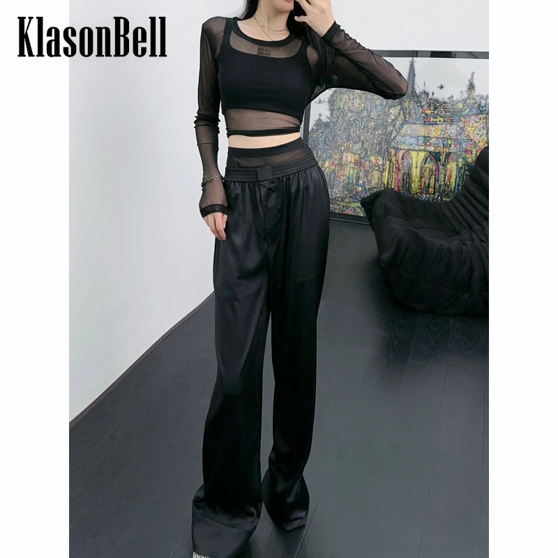 

6.29 KlasonBell Fashion Letter Rhinestone See Through Mesh T-Shirt Or Patchwork High Waist Wide Leg Pants Set Women