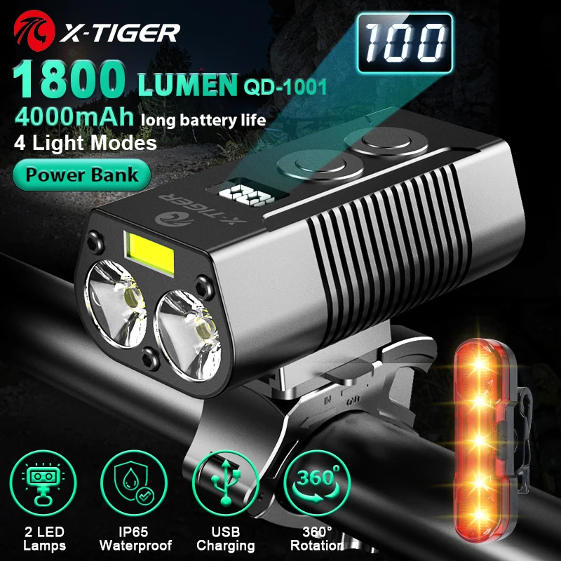 

X-Tiger Bike Light Headlight Bicycle Lamp With Power Bank Rechargeable LED 5200mAh MTB Bicycle Light Flashlight Bike Accessories