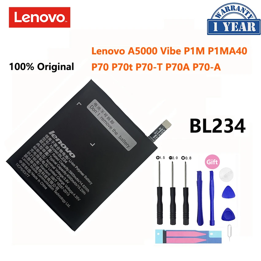 

100% Оригинальный настоящий аккумулятор BL234 4000 мАч с клейкой лентой 3M для Lenovo P70 P70t Φ P70A Φ A5000 Vibe P1M P1MA40
