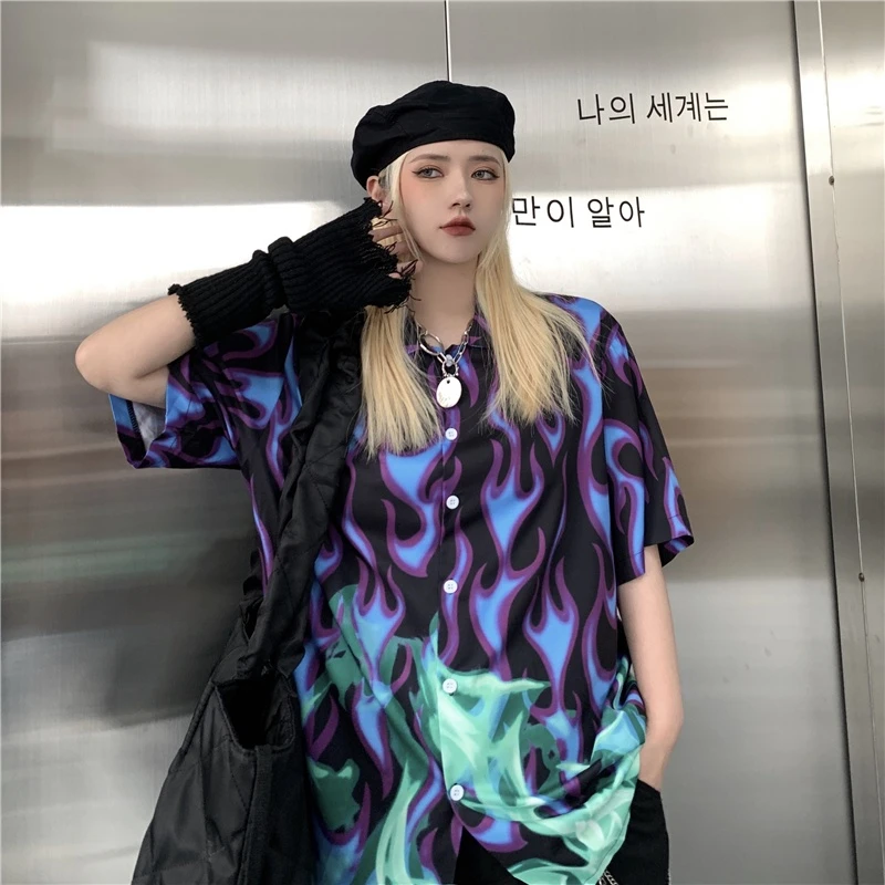 

Summer Unisex Contrast Blouses Women Men Blouses Flame Print Gothic Shirt Harajuku Tops Female Streetwear Short Sleeve Shirts