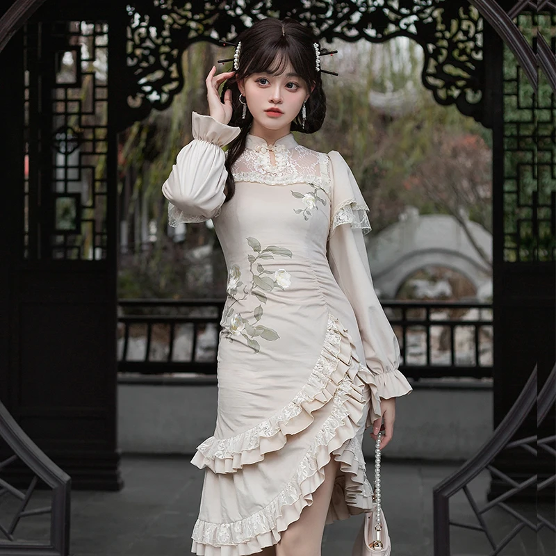 

Vintage Chinese Style Elegant Cheongsam Dress Women Sweet Flower Embroidery Lace Ruffles Fishtail Dresses Velvet Party Vestidos