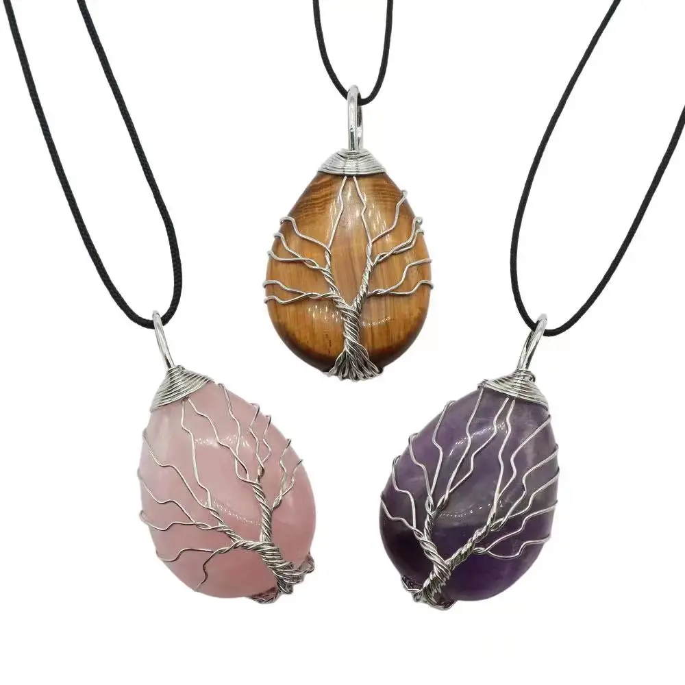 

Ожерелье с кристаллами дерева жизни, подвеска в виде капли воды для женщин и мужчин, ожерелье из розового кварца, аметиста, тигрового глаза, ...