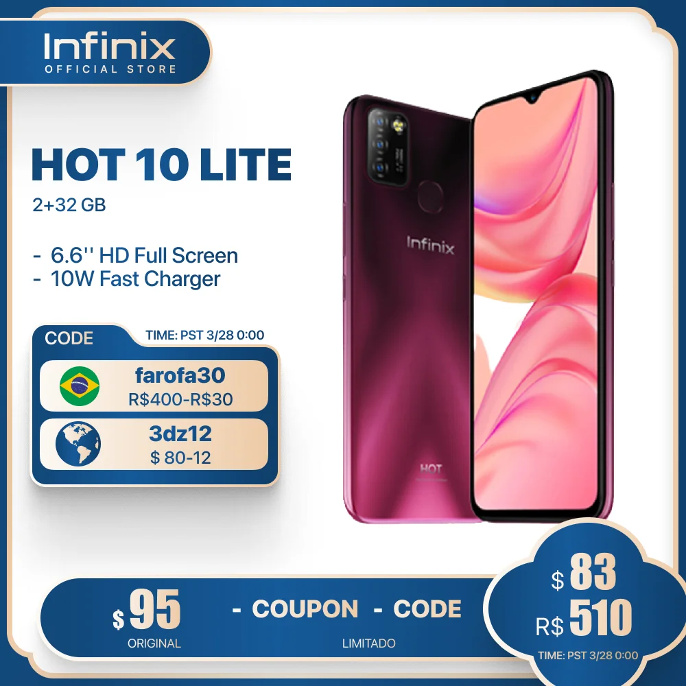 

Global Version Infinix HOT 10 LITE 2GB 32GB Smart Phone 6.6''HD Screen Mobile Phone 5000mAh Battery 13MP AI Triple Camera