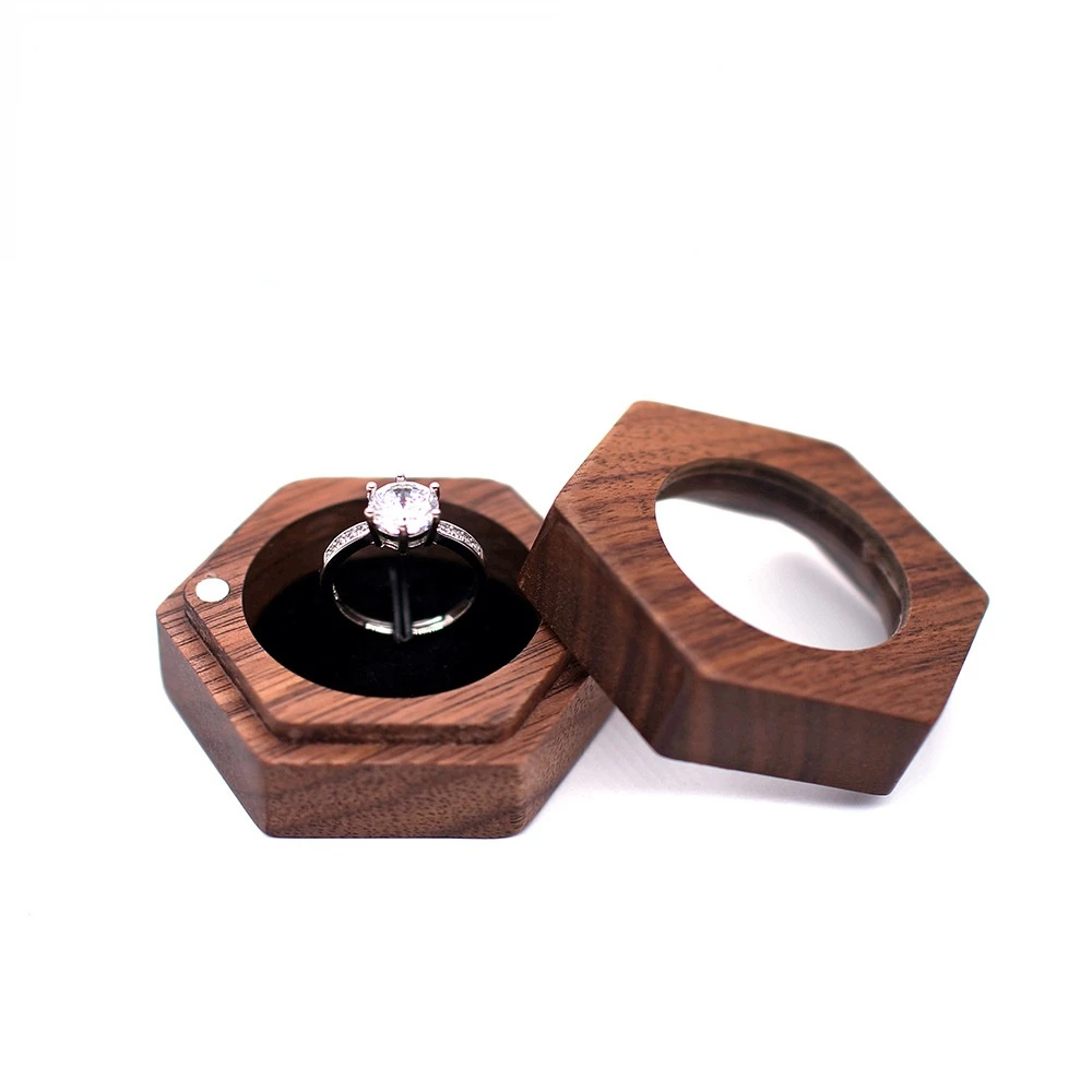 

Black walnut jewelry hexagonal flip box pendant wedding celebration box solid wood proposal ring earring Keepsake wooden box