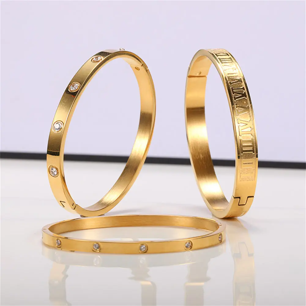 

GATTVICT Wide Stainless Matte Carving Roman Numerals Gold Color Men Bangle Classic Simple Time Zircon Open Bangle Women Jewelry