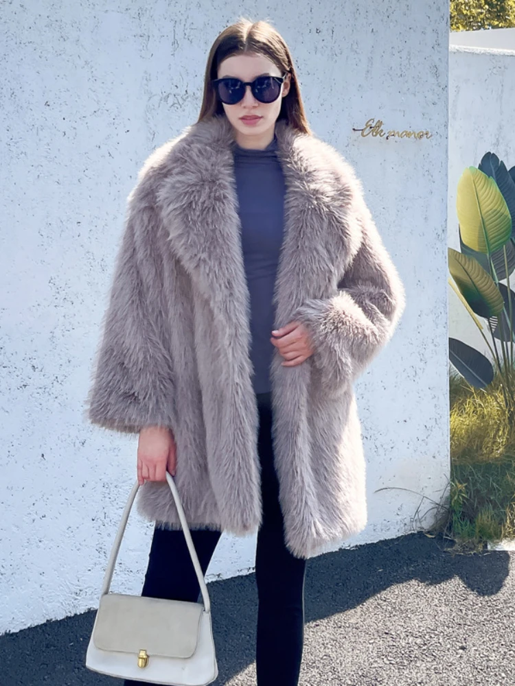 Fashion Suit Collar Loose Faux Fur Mid-length Coat Women 2022 Winter Elegant Furry Fur Outwear Casual High Street Teddy Coats
