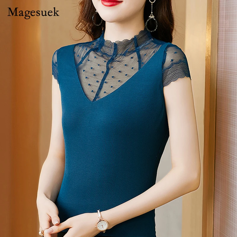 

Элегантная Однотонная футболка с коротким рукавом и высоким воротником, летняя Модальная кружевная блузка, привлекательная сетчатая Офисн...