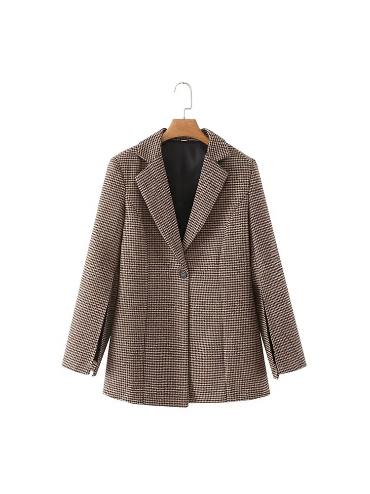 

PB&ZA Women 2022 Autumn New Fashion Split cuffs One button Tweed Check Blazer Coat Vintage Long Sleeve Female Outerwear Chic