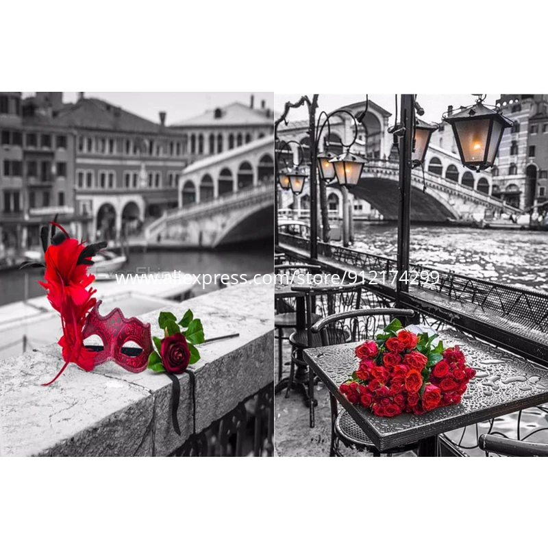 Роамили, алмазная живопись, пейзаж, хорошо, сделай сам, полноразмерная Алмазная вышивка, черный, белый, красный цветок, телефонная будка, Зонт от дождя