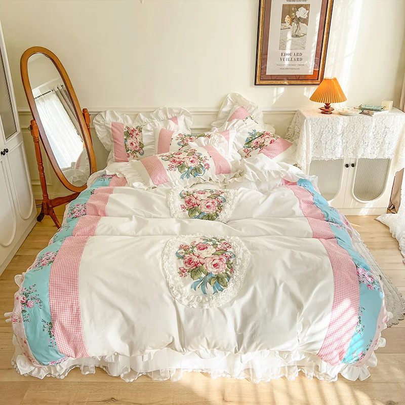 

Pastoral Floral Embroidery 100% Cotton Princess ding Lace Ruffles Quilt/Duvet Cover Set Skirt Bed Linen Pillow Shams