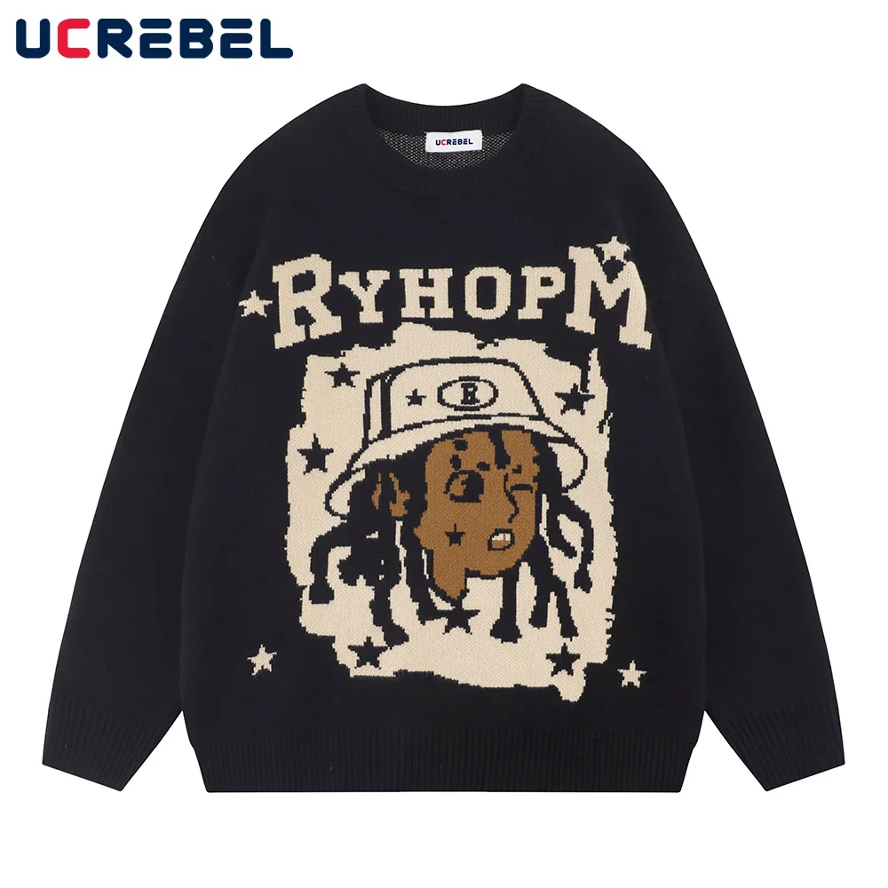 

Crew Neck Cartoon Jacquard Pullover Mens Autumn High Street Letter Sweater Men Shoulder Drop Loose Knitted Sweater