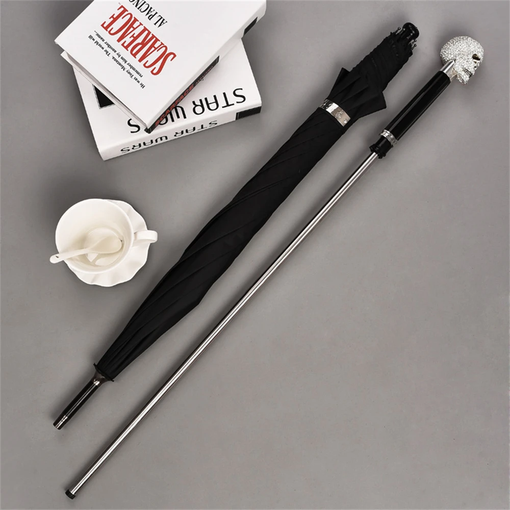 

Personality Skull Walking Cane Stick Self Defense 2-In-1 Sturdy Windproof UV Protection Umbrella Hiking Hanging Out On Raining