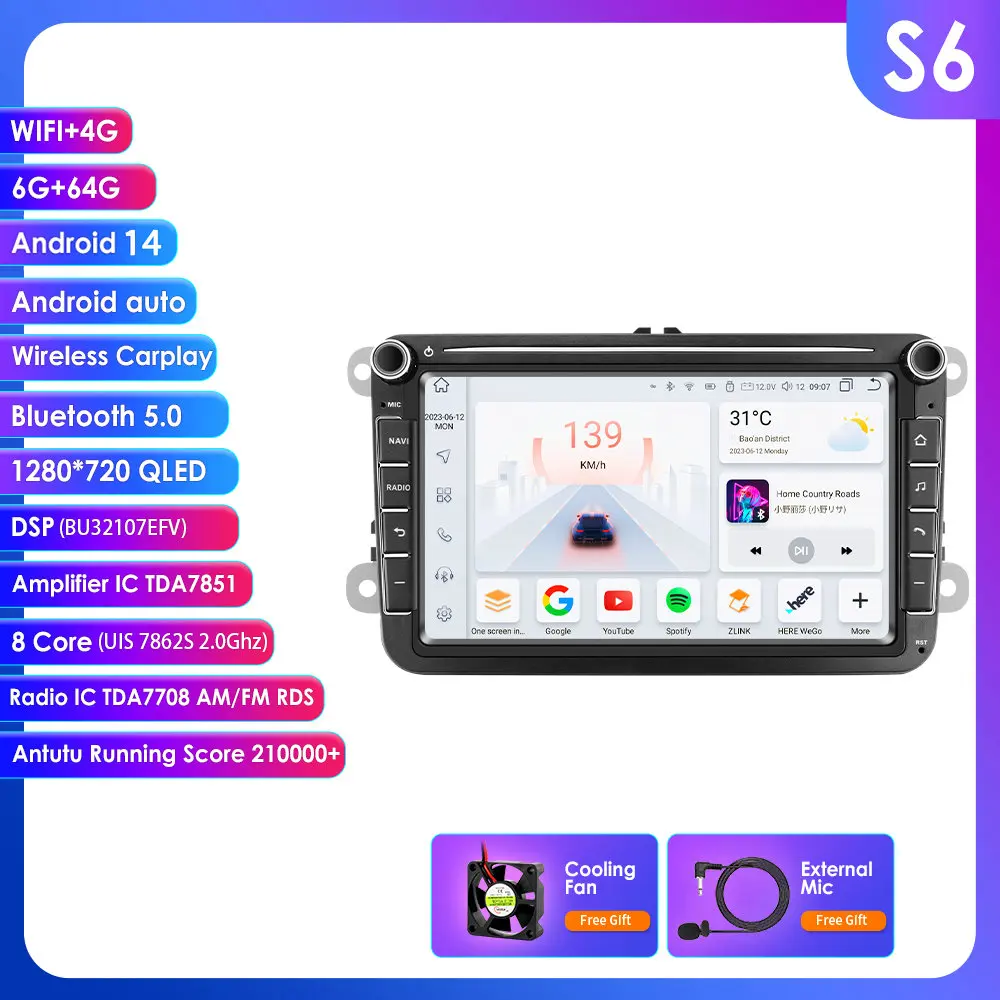 

Автомобильный радиоприемник Android 14 8 дюймов 2din для VW POLO GOLF 5 6-местный PASSAT B6 CC JETTA TIGUAN TOURAN EOS SHARAN SCIROCCO CADDY 4GLTE GPS Navi
