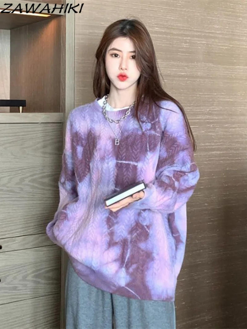 

Tie Dye Gothic Streetwear Purple Knitted Sweater Women Harajuku Hippie Vintage O-Neck Oversize Long Sleeve Jumper Knitwears