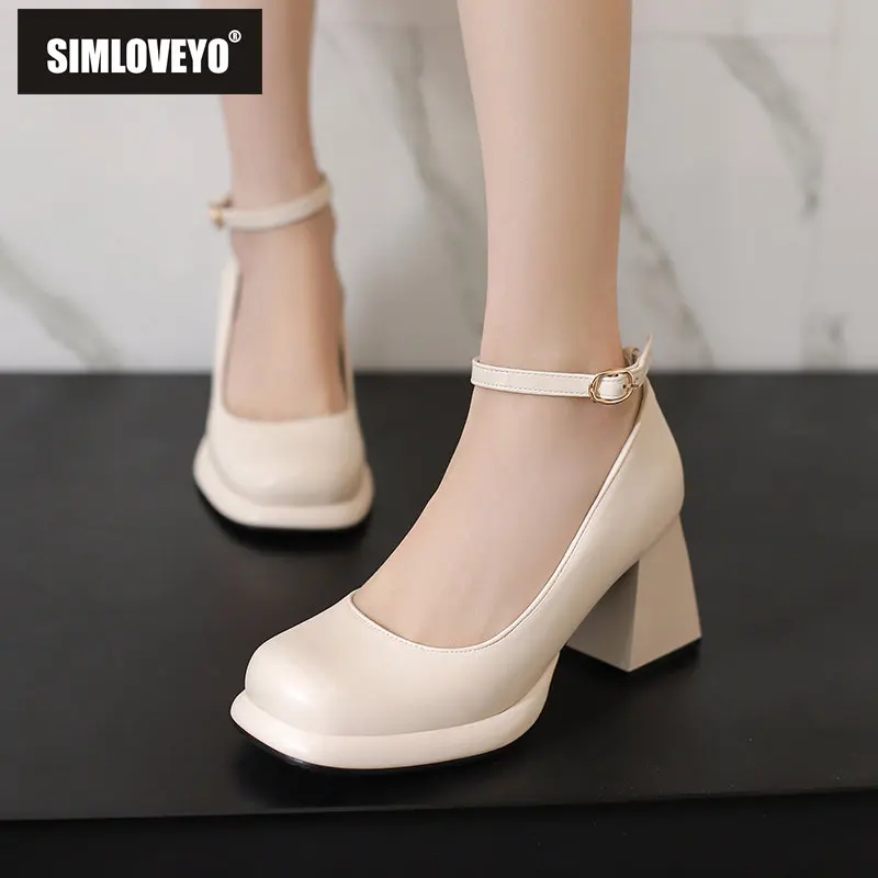 Женские туфли-лодочки SIMLOVEYO, лаконичные офисные туфли из свиной кожи с круглым носком, на блочном каблуке 8 см и платформе 1,5 см, с ремешком с пряжкой, большие размеры 41 42 43