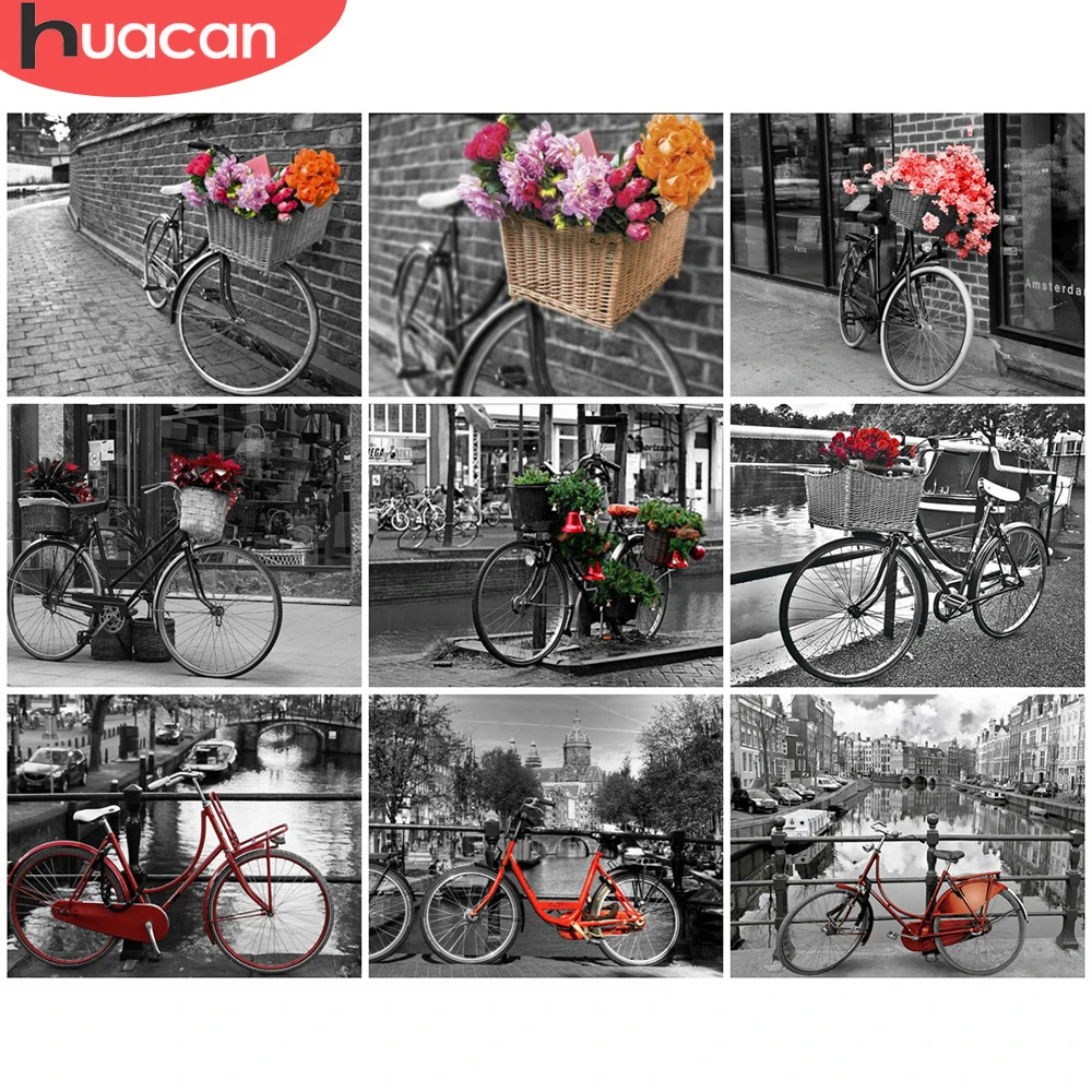 

HUACAN Painting By Number Bike Landscape Handpainted Wall Art DIY Frame Bicycle Flower Drawing On Canvas Home Decor 75x60cm