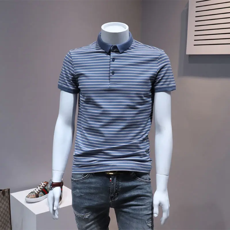

2022 Summer Men Fashion Contrast Color Striped Tees Tops Men's Short Sleeve Lapel T-shirt Male Slim Fit Casual Polo Shirt A150