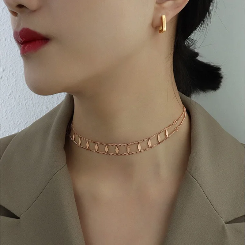 

Square Double Choker Necklace For Women Stainless Steel Clavicle Chain Jewelry