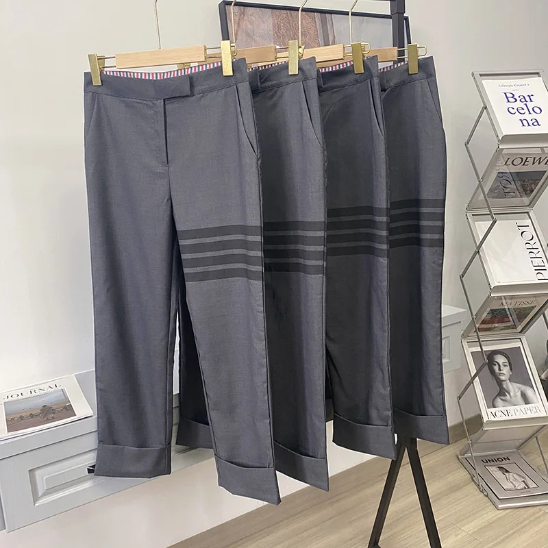 TB Pants Women's Trendy Korean High-waisted Straight-leg Striped Cropped Pants Loose and Thin Gray Small-footed Pipe Pants