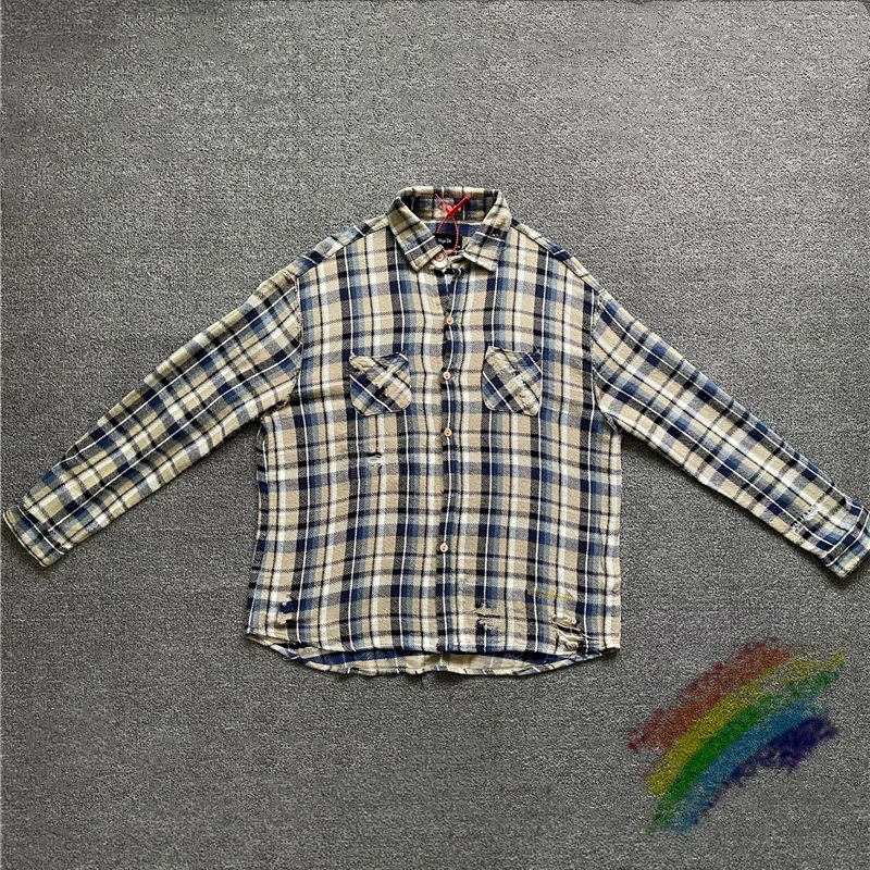 

Heavy Fabric Plaid VUJADE kenijima Shirts Men Women 1:1 High-Quality Unisex Destroy Fashion Shirt Flannel VUJADE Pocket Blouse