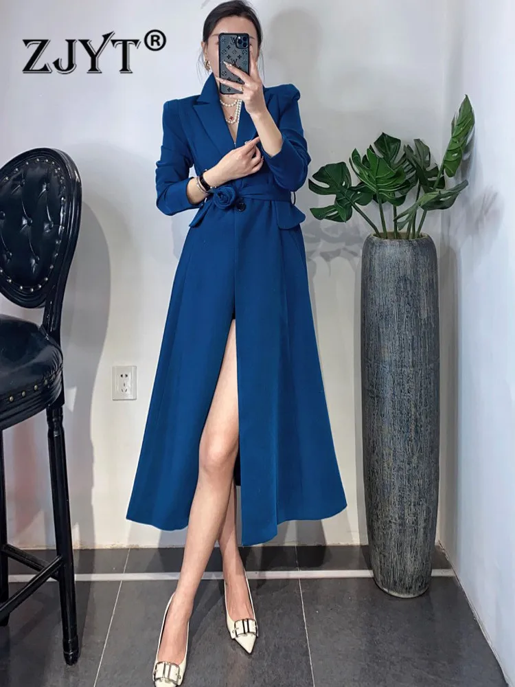 

ZJYT Elegant Designer Long Trench for Women Autumn Winter Coats 2022 Full Sleeve Notched Belted Simple Windbreaker Outerwear