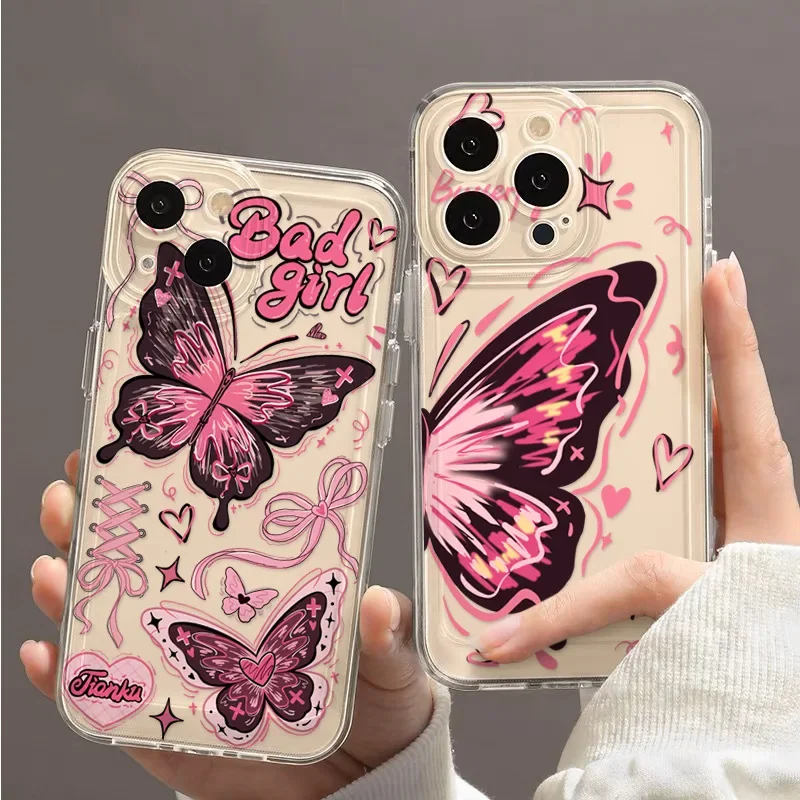 Прозрачный чехол для телефона с рисунком розовой бабочки iPhone 15 14 12 11 13 16 Pro Max Mini X XR