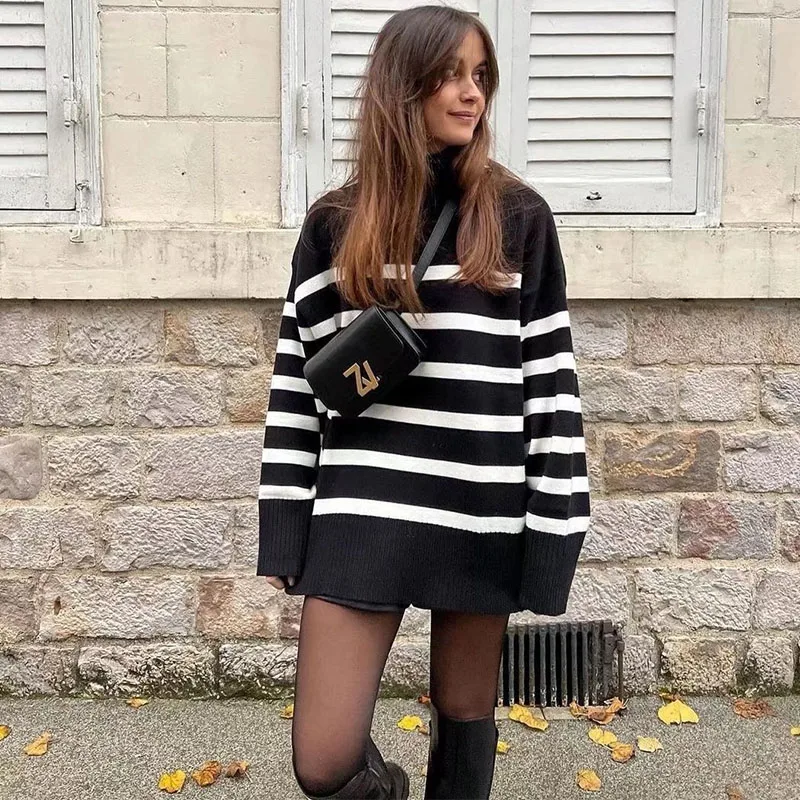

ZATRHMBM 2022 Autumn Fashion Y2k Streetwear Black And White Stripes Knitted Sweater Long Sleeves Female Pullover Chic Top