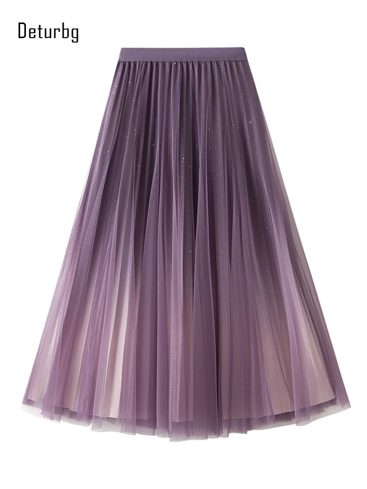 

Women's Elegant 3 Layers Gradient Mesh Skirt Korean Elastic High Waist Pleated Starry Shining Midi Long Skirts 2022 Autumn K162