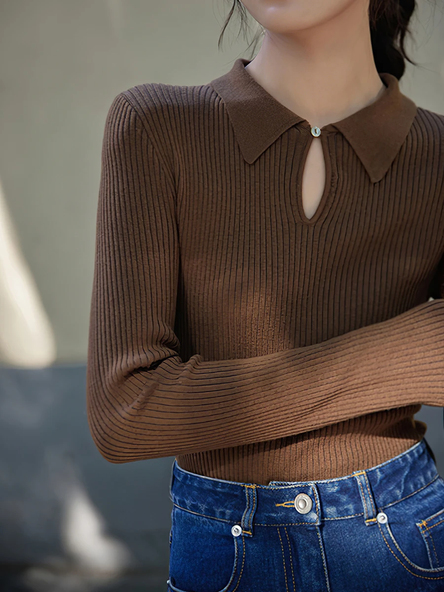 

Ribbed Knitted Sweater Spring Autumn Women Turn-down Collar Long Sleeves Pullover Female Elegant Casual Jumper Mujer Pull 2022