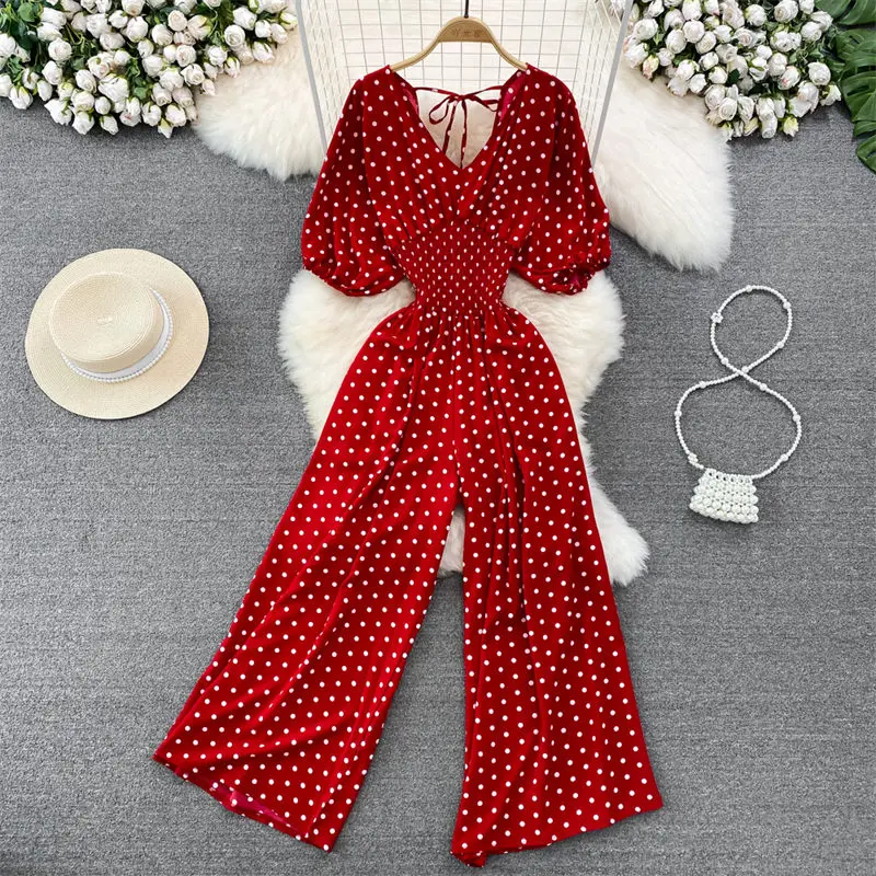 

Summer Sexy V-Neck Open Back Bow Polka Dot Jumpsuit Casual High Waist Wide Leg Pants Women 2023 Fashion Rompers Trousers Z150