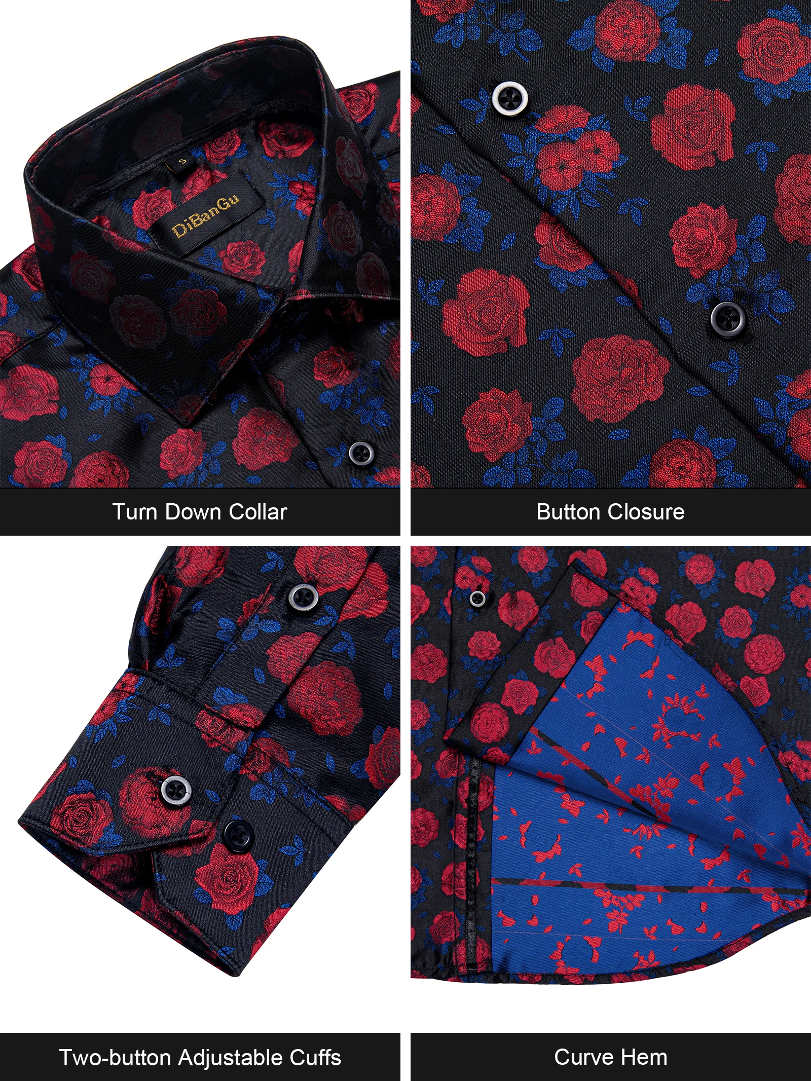 Soft Blue Red Turn Down Collar Floral Shirt For Man Luxury Ajustable Cuffs Button Closure Ajustable Cuffs Men Shirts Long Sleeve