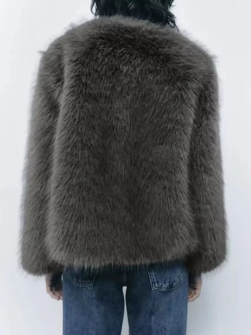 Spring And Autumn Women's Grey Brown Fake Fur Round Neck Long Sleeve Loose Jacket Warm Fashion Vintage Style
