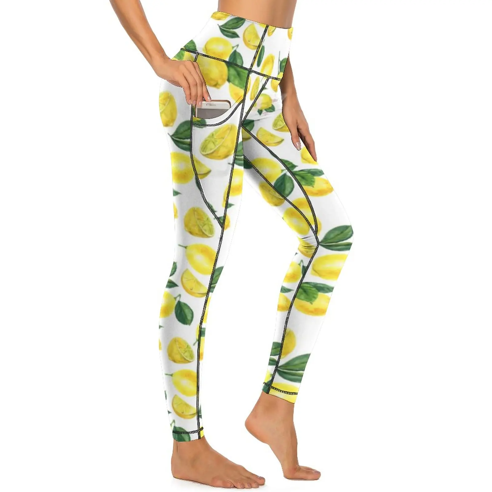 

Yellow Lemon Print Leggings Watercolor Fruit Work Out Yoga Pants Push Up Stretchy Sport Legging With Pockets Female Cute Leggins