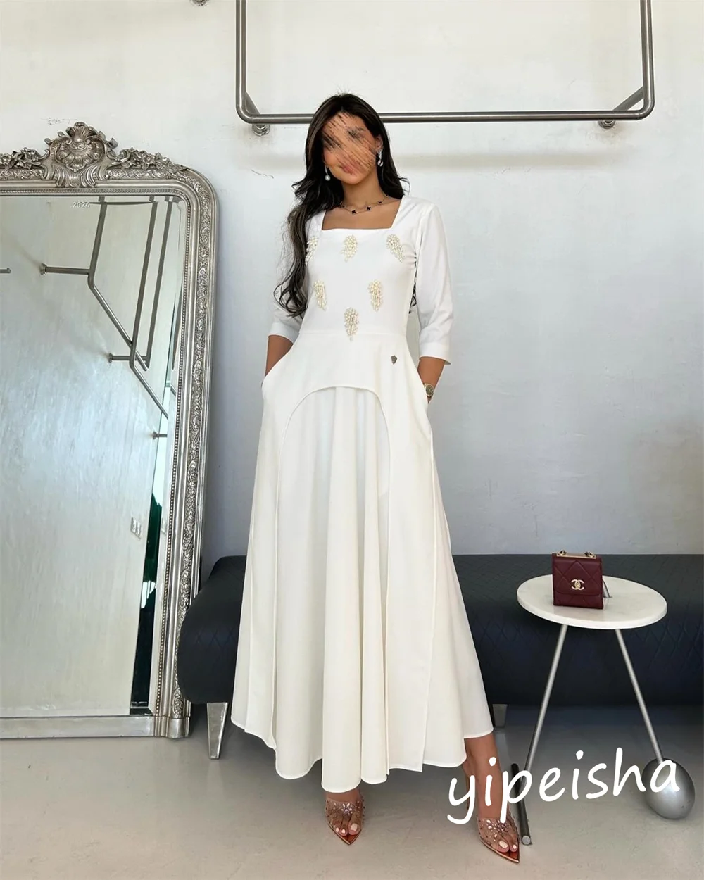 Jiayi Gong шифоновое жемчужное платье знаменитостей трапециевидной формы с вырезом