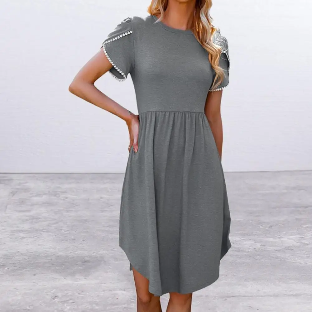 

Solid Color A-Line O-neck Sweet Dress Petal Short Sleeve Pleated Hem Midi Dress Elastic High-Waist Summer Dress for Dating