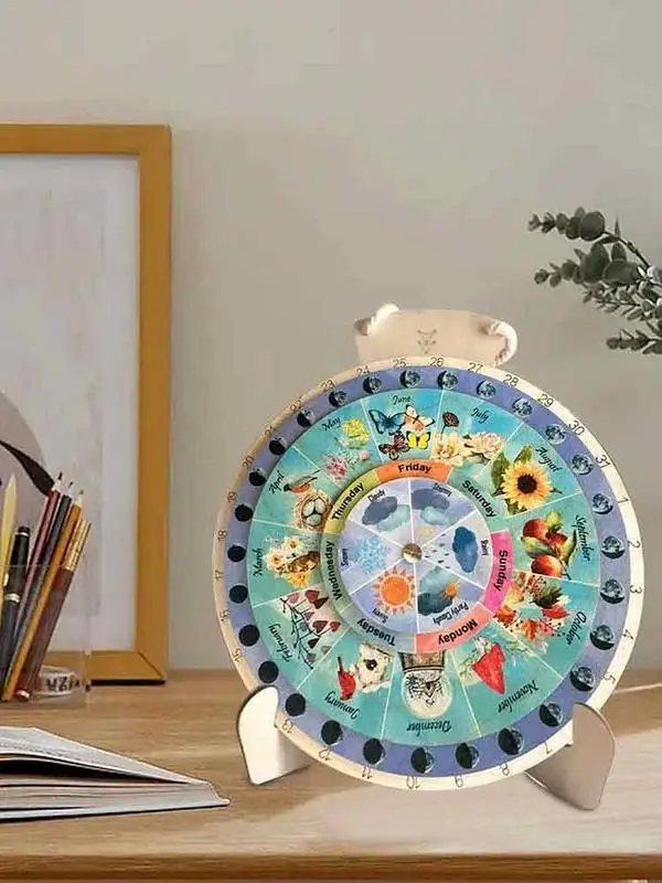 

Wooden Vintage Perpetual Desk Calendar Circular Rotatable Desktop Calendar Multifunctional For Home Wedding Desk Accessories