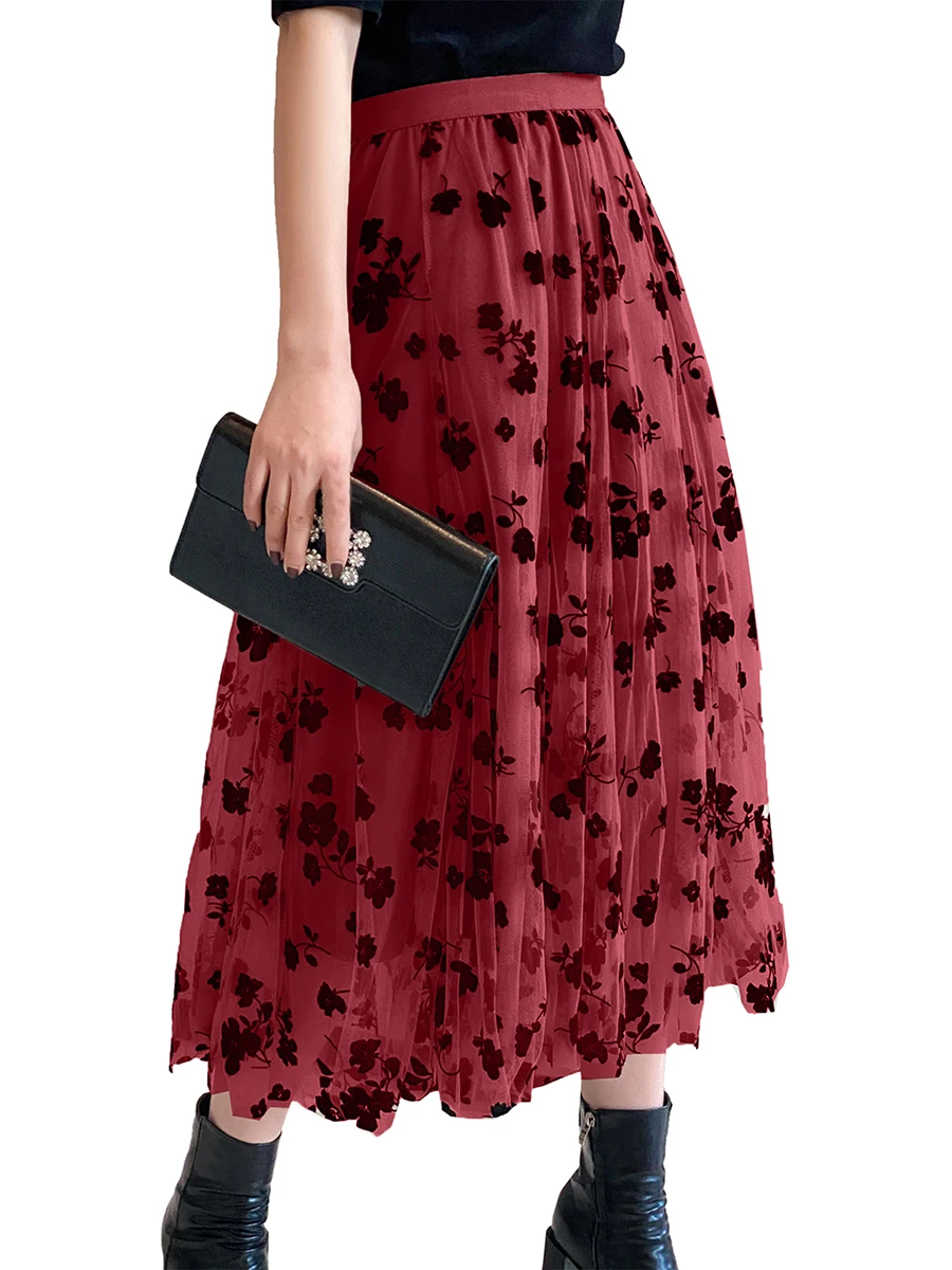 Women’s Tulle Long Skirt Vintage High Waist Flocked Floral Print Midi A-line