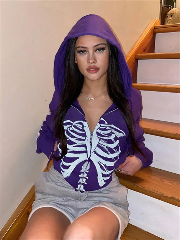 

Spring Fashion Loose Gothic Print Sternum Long Sleeve Zip-up Women Casual Hoodies Girl Hooded Sweatshirt Graphic Hoodie Y2k
