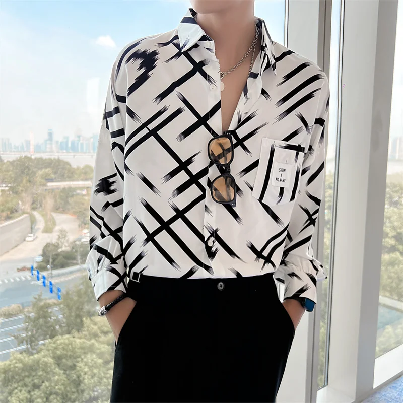 2022 Gradient Striped Men's Shirts Autumn Long Sleeve Loose Casual Shirt Social Party Tuxedo Blouse Streetwear Camisa Masculina