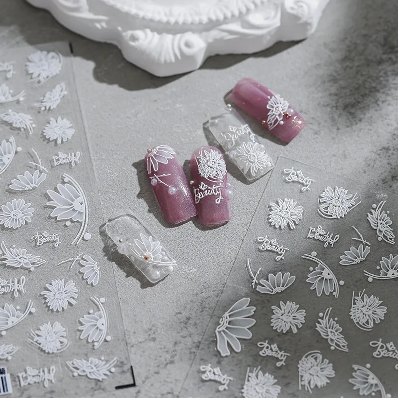 

Daisy Embossed Stickers for Nail Art 5D Simple White Flower Self-adhesive Manicure Decals Decoration Paster ASAP Gel Nails Wraps