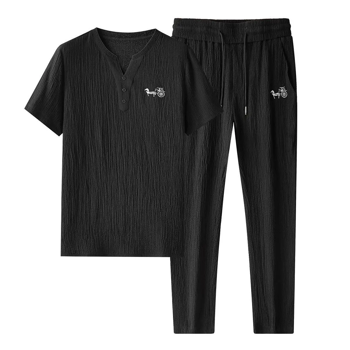 2023 Chinese Style Summer High-End V-neck Embroidery Suit Light Luxury Thin Mature Ice Silk Men's Two-Piece Suit Mens Clothes