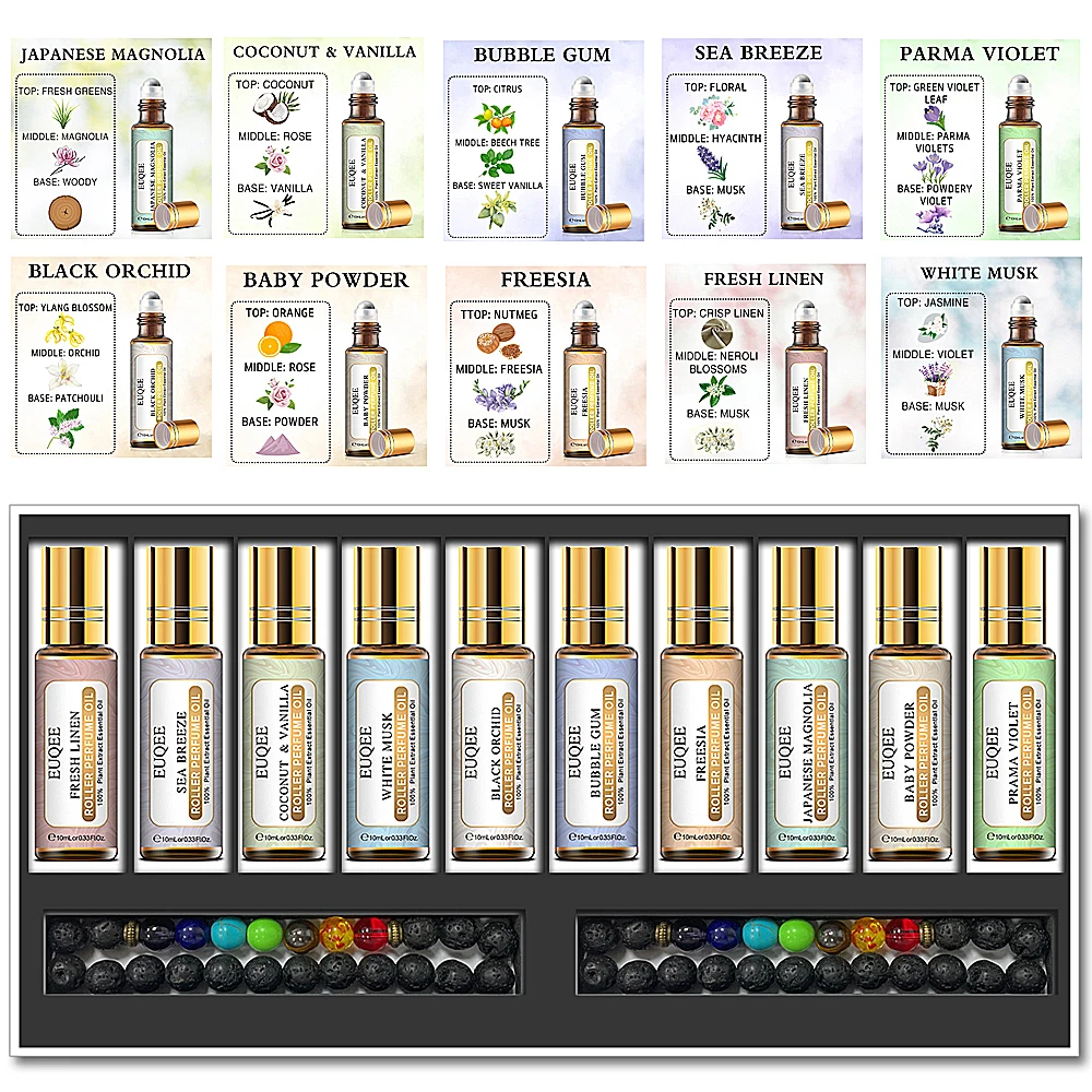 

EUQEE 10pcs/set 10ML Roller Fragrance Oil Set For Diffuser Humidifier Bubble Gum Freesia Women's Premium Perfume Oils Gift Kit