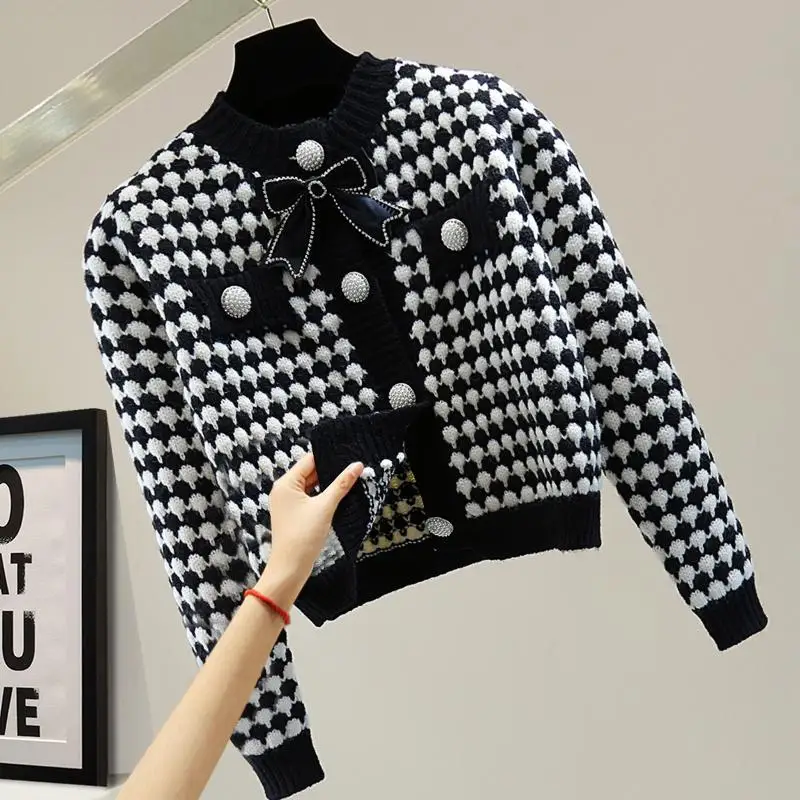 

Bowknot Sweater Diamond Inlaid Long Sleeve 2022 Autumn Winter Korean Version Thin High Waist Short Sweater Cropped Cardigan