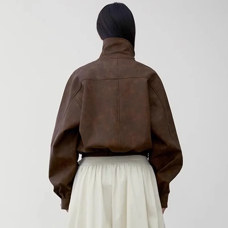 Women's L*W Leather Jacket Coat Autumn and Winter High Collar Arc Shoulder Sleeve Halo Dyeing Doing Old Short Tops