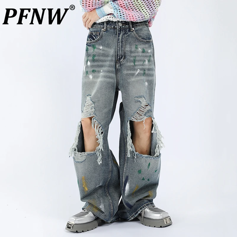 

PFNW Spring Autumn New Men's Y2k American Print Damaged Washed Jeans Trendy Splash Ink Hole Striaght High Street Pants 28A3400