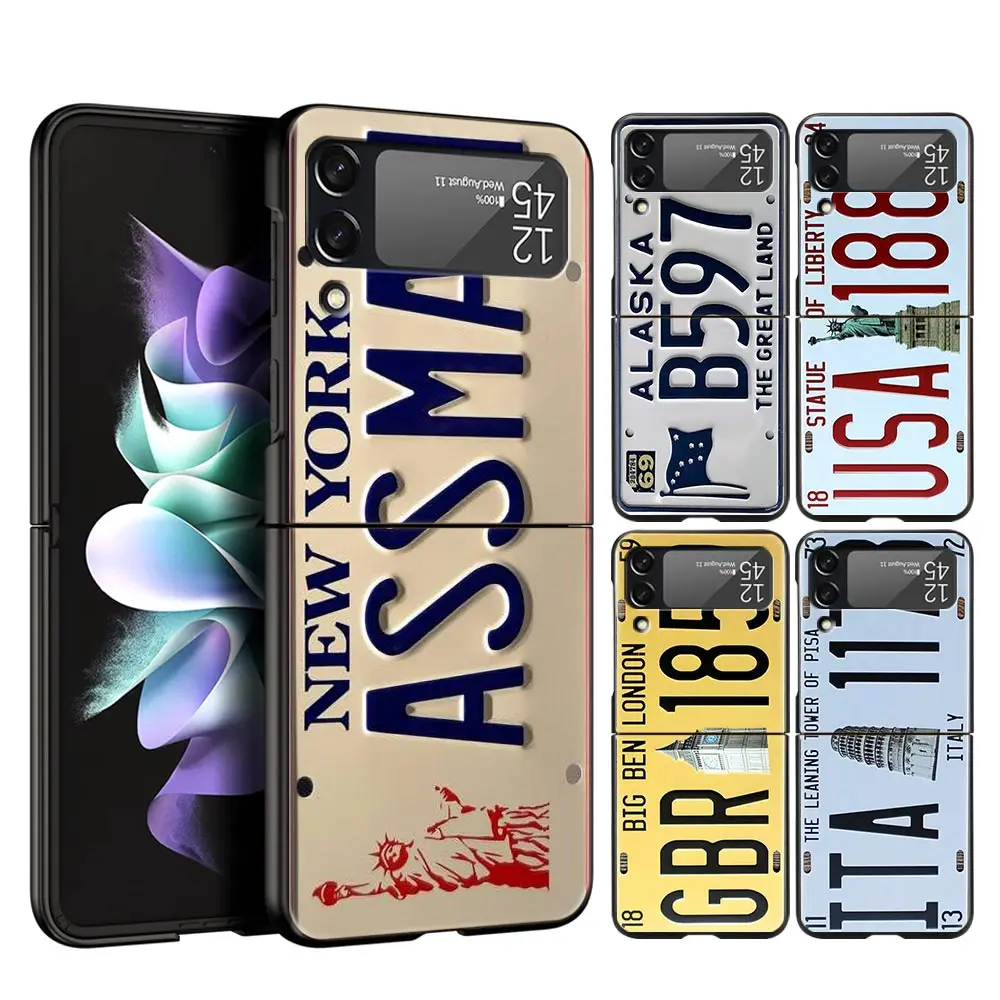 

For Samsung Galaxy Z Flip 3 4 5G Hard Black Folding PC Phone Case Retro Funny License Plate Number Car For Samsung Z Flip3 Cover